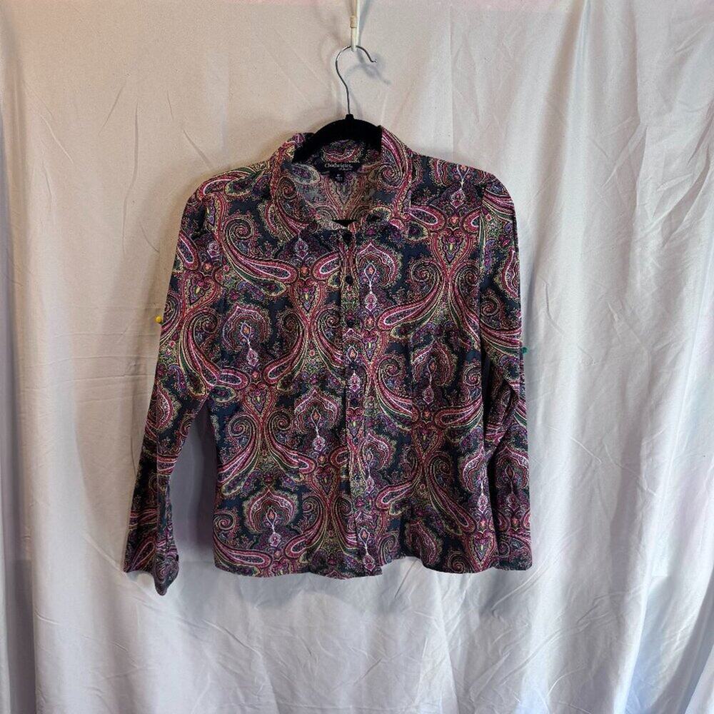 👚 Chadwicks Navy Paisley Button Up Blouse with Collar, Size 12
